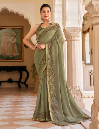 Dusty green printed georgette saree