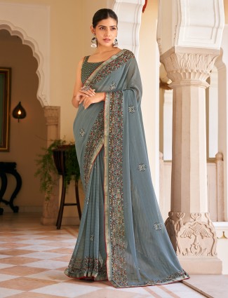 Grey georgette saree with prints