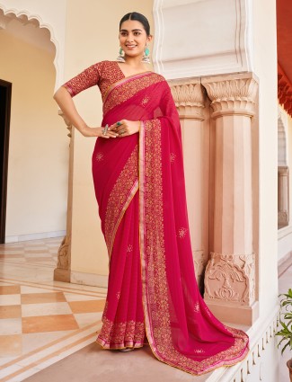 Red festive printed georgette saree