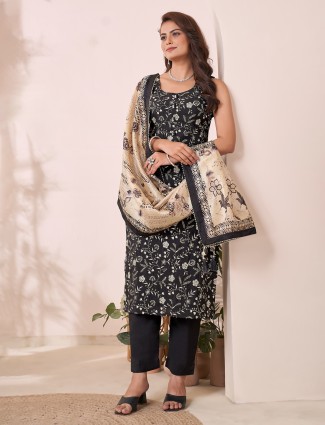 Black silk straight cut suit with gorgeous printed dupatta
