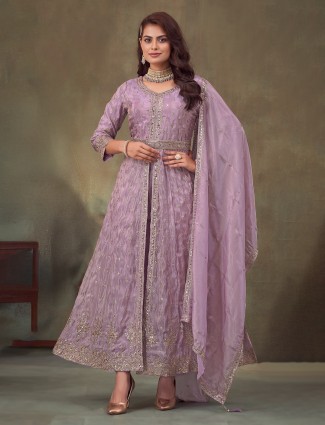 Lilac purple silk anarkali suit with dupatta