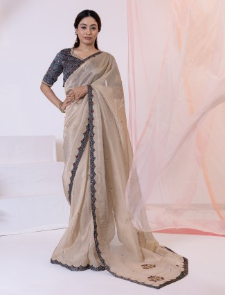 Beige festive wear saree in tissue silk