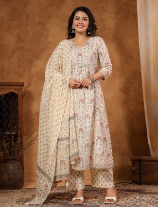 Cream silk printed kurti set with coins
