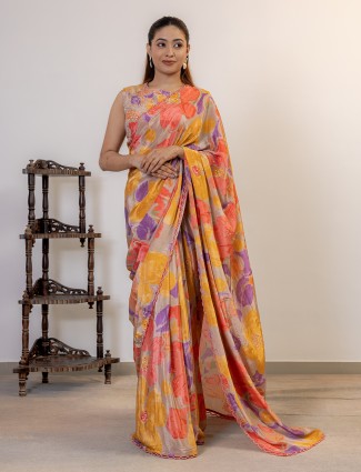 Grey printed silk saree for festival