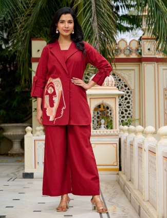 Festive Maroon Cotton Silk Co ord with Jacket