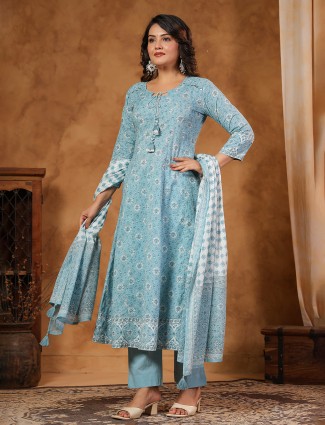 Mint blue cotton silk printed festive set