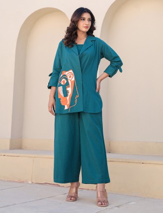 Teal Blue Jacket Style Palazzo Co ord Set