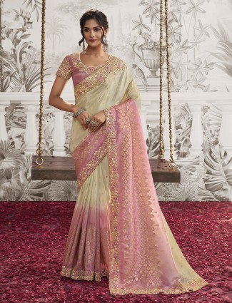 Beige silk saree with resham and embroidery detailing