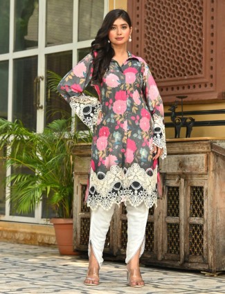 Black silk suit with statement collar and pants