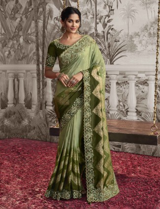 Green silk saree with zari work for festivals