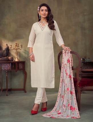 Off white straight cut silk salwar kameez with dupatta