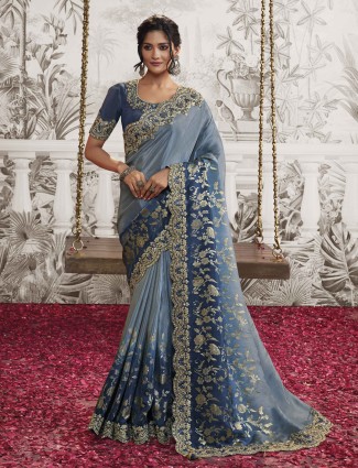 Stone blue silk saree with embroidery work