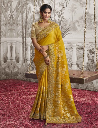 Yellow silk saree with embroidery