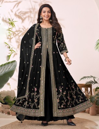 Black anarkali silk palazzo suit with dupatta
