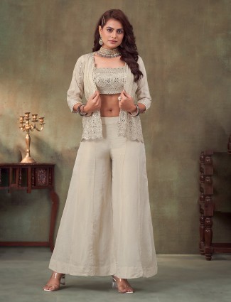 Cream jacket style silk palazzo suit for weddings