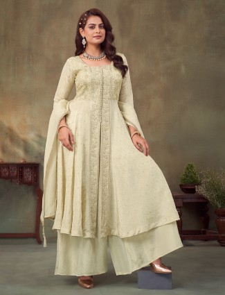 Cream pakistani silk suit with embellished work