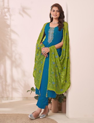Dark aqua silk salwar suit with dupatta