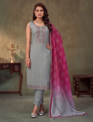 Grey silk straight cut pant suit with dupatta