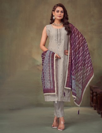 Grey silk salwar suit with aabla work and dupatta