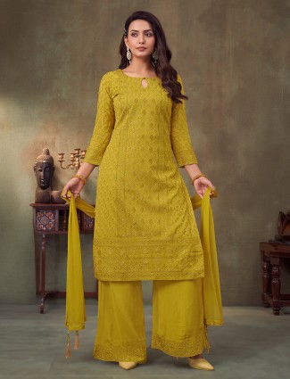 Mehendi green pakistani silk suit with keyhole neck
