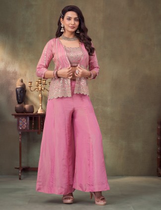 Pink jacket style palazzo suit in silk