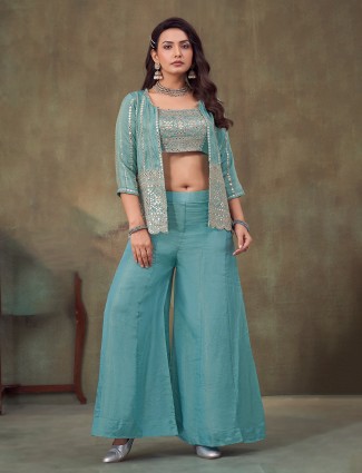 Sky blue jacket style silk palazzo suit