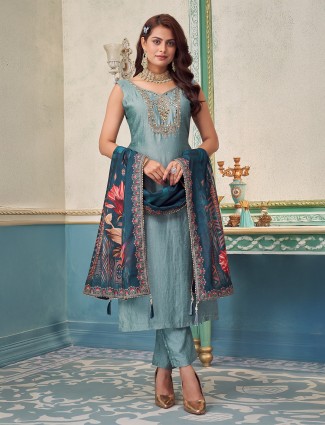 Sky blue silk suit with sweetheart neck and dupatta