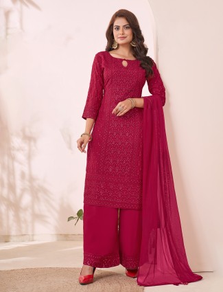 Wine pakistani silk suit with keyhole neck and dupatta