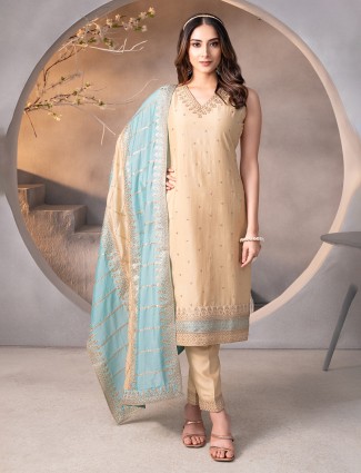 Beige silk salwar suit with zardosi and dupatta