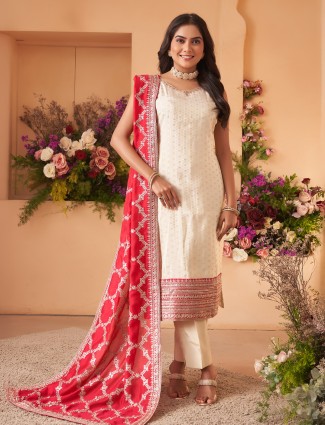Cream and red silk suit set with festive dupatta