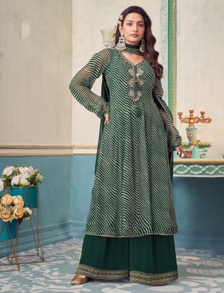 Green printed palazzo suit in georgette for rakhi