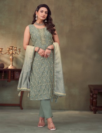 Mint grey embroidered silk suit for raksha bandhan