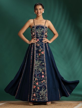 Navy blue embroidered silk suit for women
