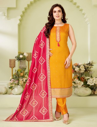Vibrant orange straight silk suit with dupatta