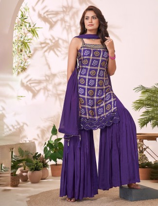 Purple printed sharara suit with heavy work