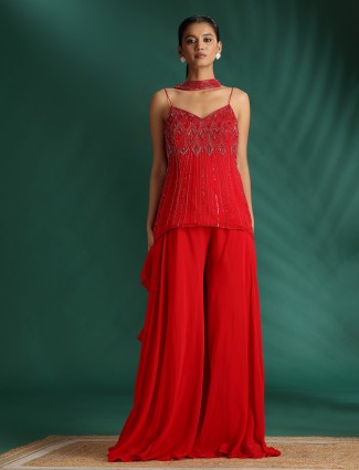 Red designer palazzo suit for festive occasions