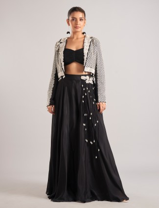 Black silk palazzo suit with embroidered jacket