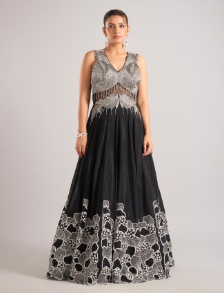 Black silk sleeveless party wear suit