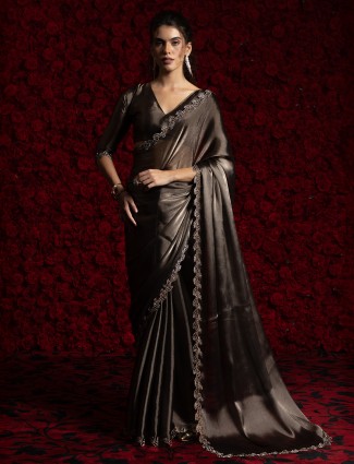 Dark brown chiffon saree with stone work