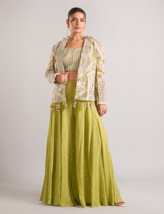 Light green georgette embellished palazzo suit