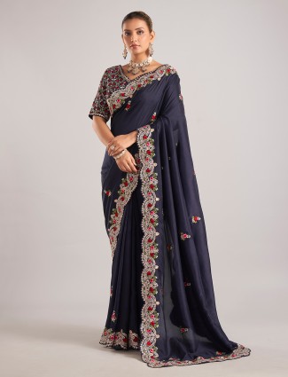 Navy dola silk saree with embroidered detailing