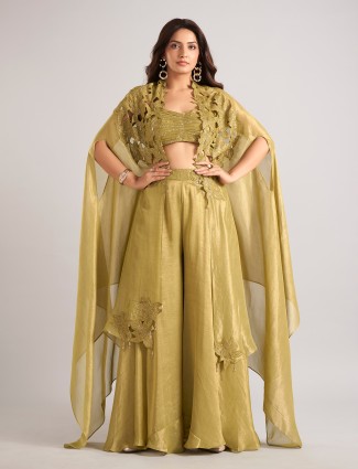 Olive tissue silk shrug palazzo suit