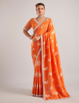 Orange pure dola silk saree with ready made blouse