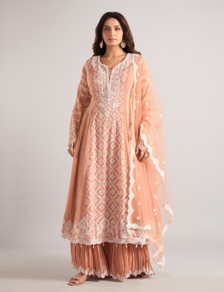 Peach silk sharara suit in pakistani style with dupatta