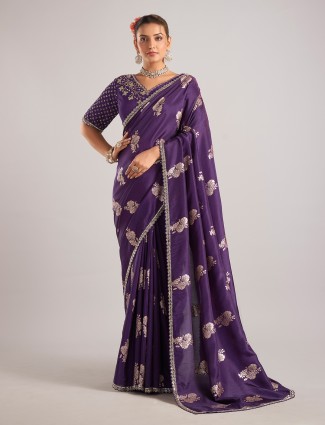 Purple pure dola silk saree with intricat zari work
