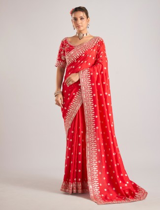 Red dola silk saree with ready made blouse