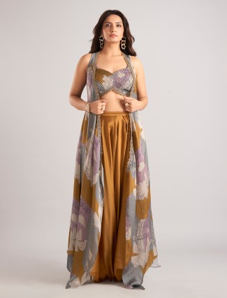 Rust brown satin silk printed fusion palazzo suit