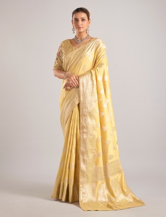 Yellow dola silk saree with zari weaving