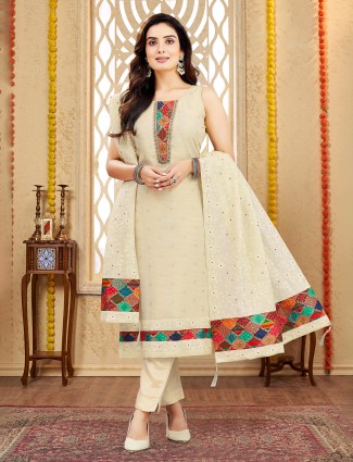Beige silk salwar suit with aabla and zari ensemble