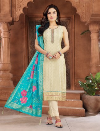 Beige silk salwar suit with cutdana ensemble